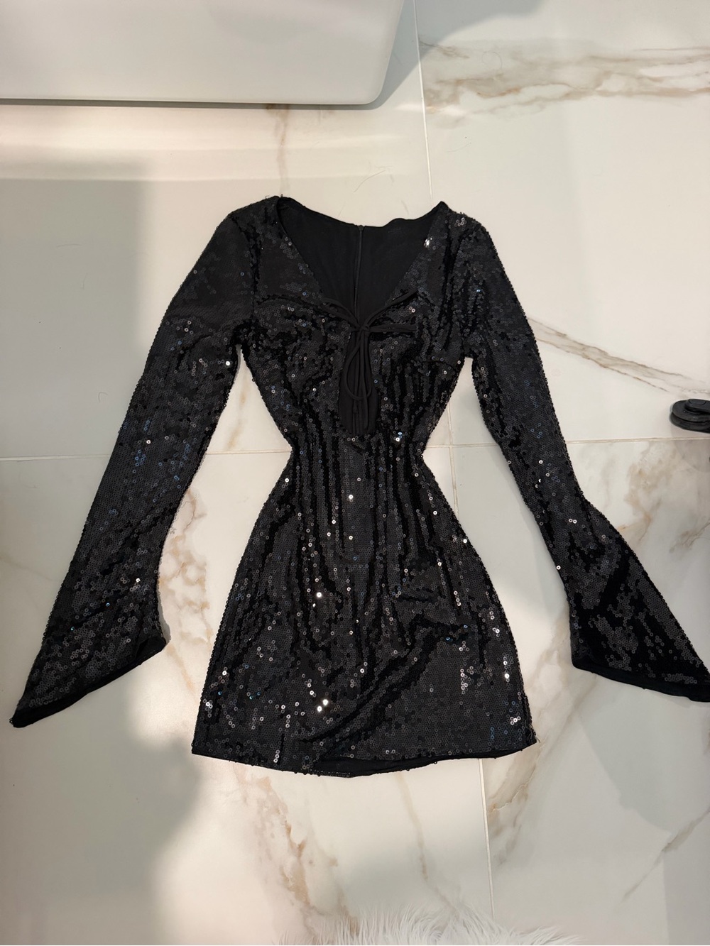 Black Sequin Long-Sleeve Mini Dress (S)